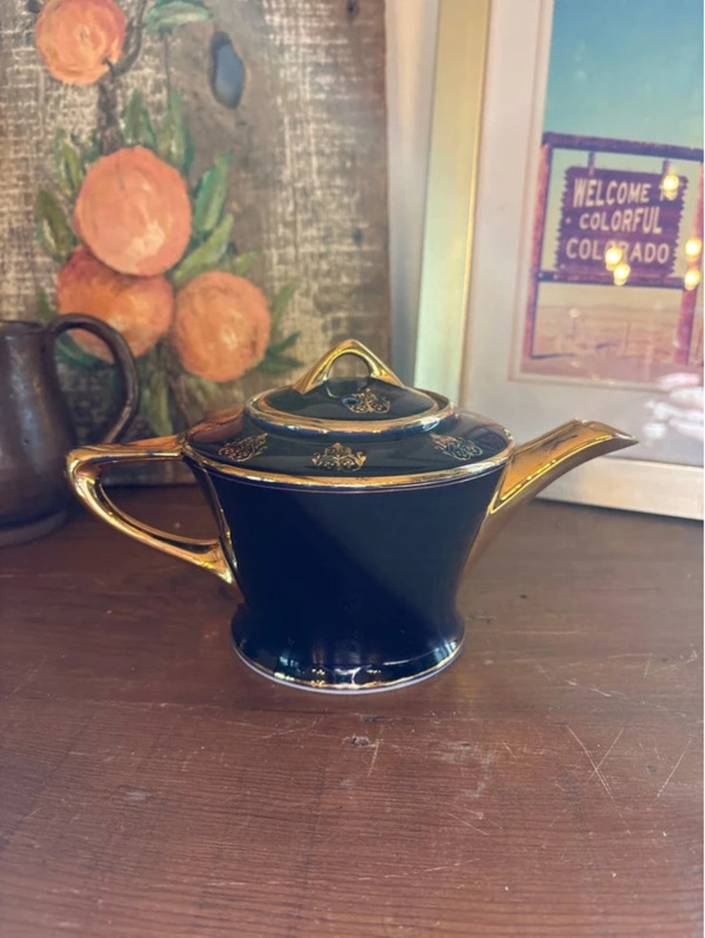 Vintage 1930s Fraunfelter China Cobalt Blue Gold Porcelain Teapot Art Deco MCM
